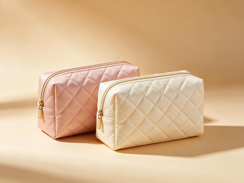 Essentials Pouch Set — two quilted pouches in blush and cream with gold zips