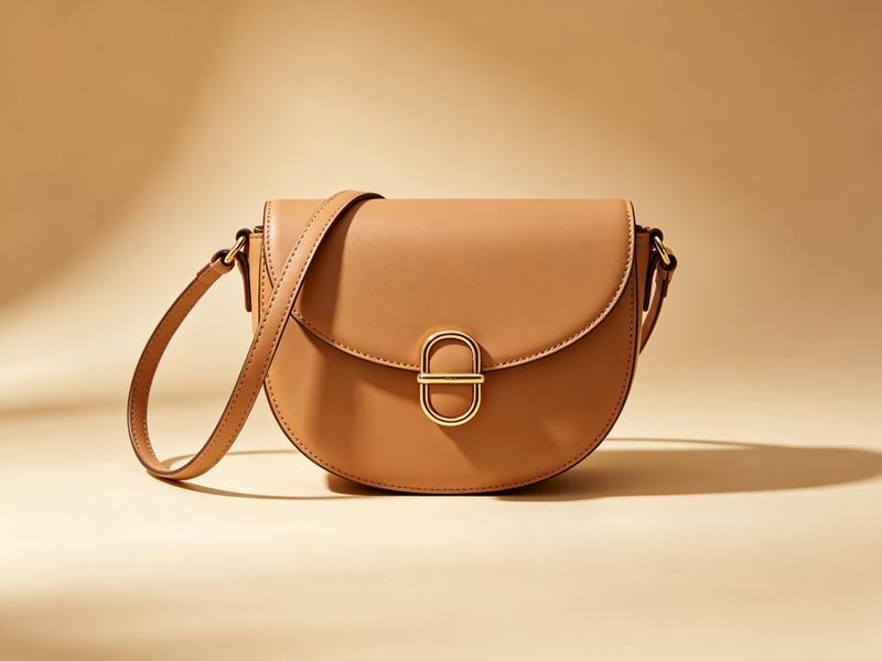Saddle Crossbody — camel saddle bag with curved flap and gold buckle