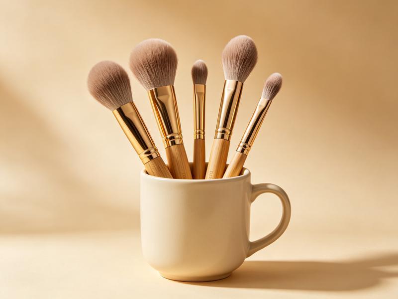 Bamboo Pro Brush Set — five bamboo-handled makeup brushes in a ceramic cup
