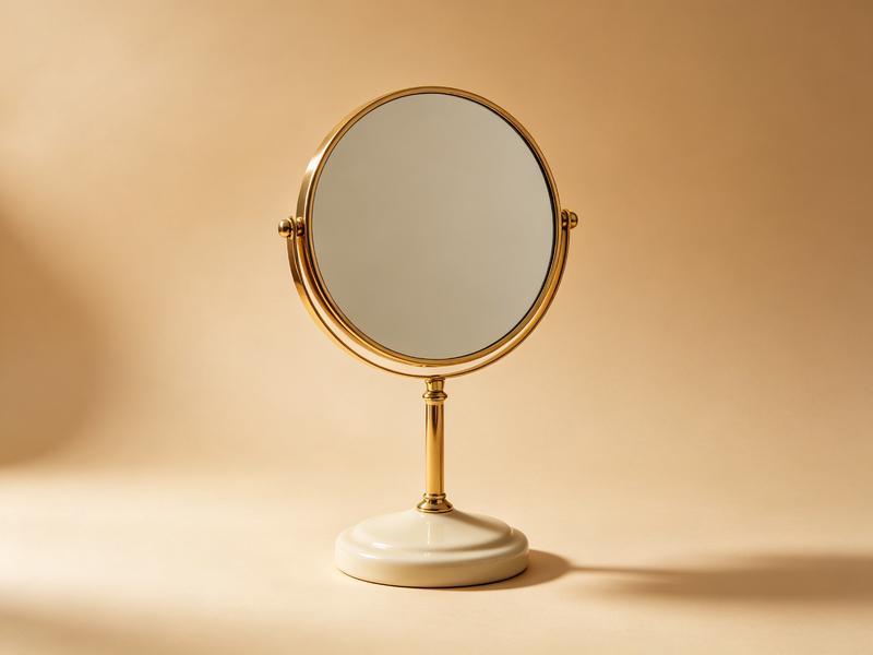Lumi Vanity Mirror — round gold-framed mirror on a cream ceramic base