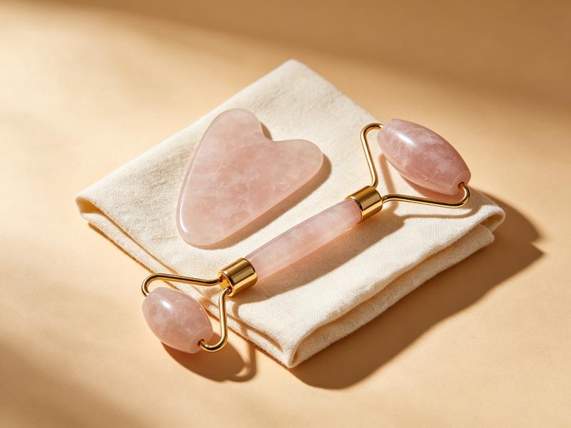 Rose Quartz Roller and Gua Sha duo on cream linen