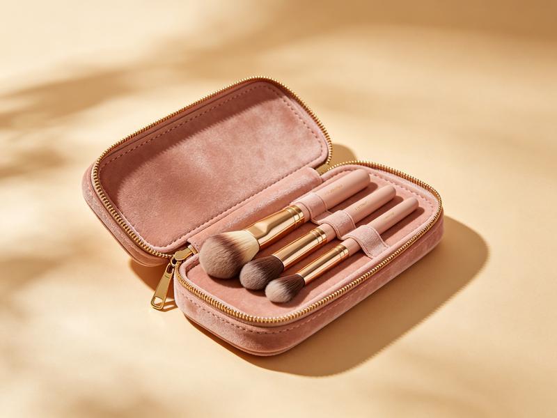 Velvet Travel Case — padded blush velvet brush case with gold zip